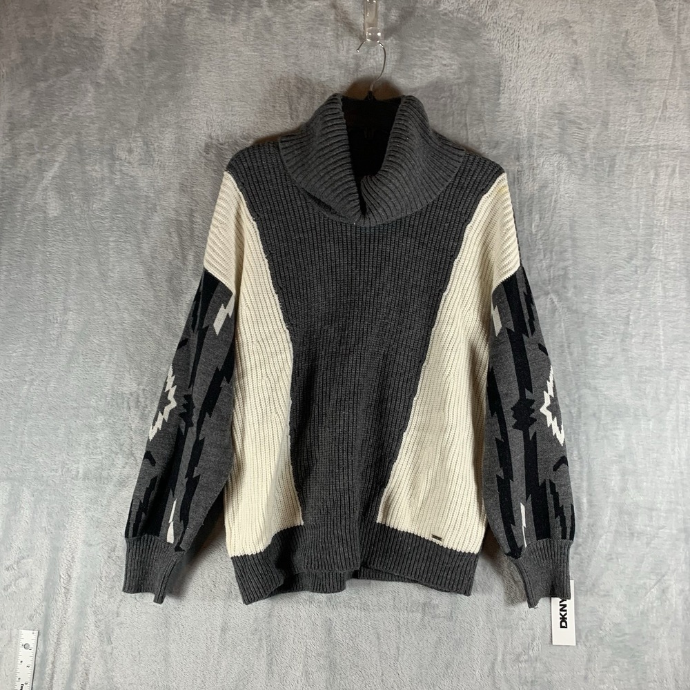 DKNY Womens Sweater M Cowl Turtleneck Aztec Sleeves Color Block Gray Chunky Knit